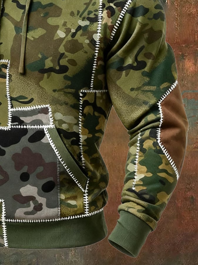 Sudadera retro desgastado en bloques de color camuflaje estampado casual de manga larga para hombre