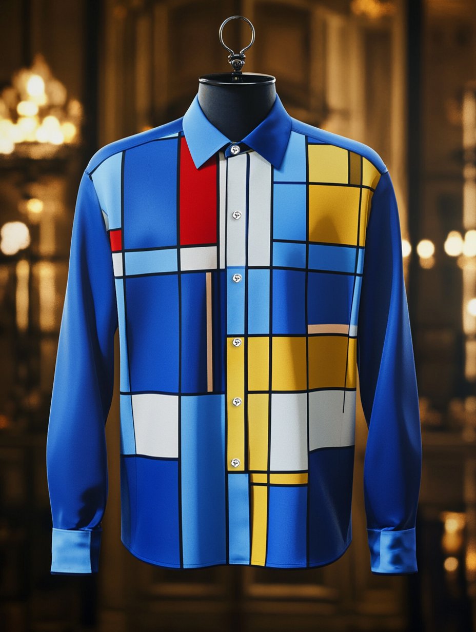 Camisa satén geométrico casual de manga larga con botones para hombre