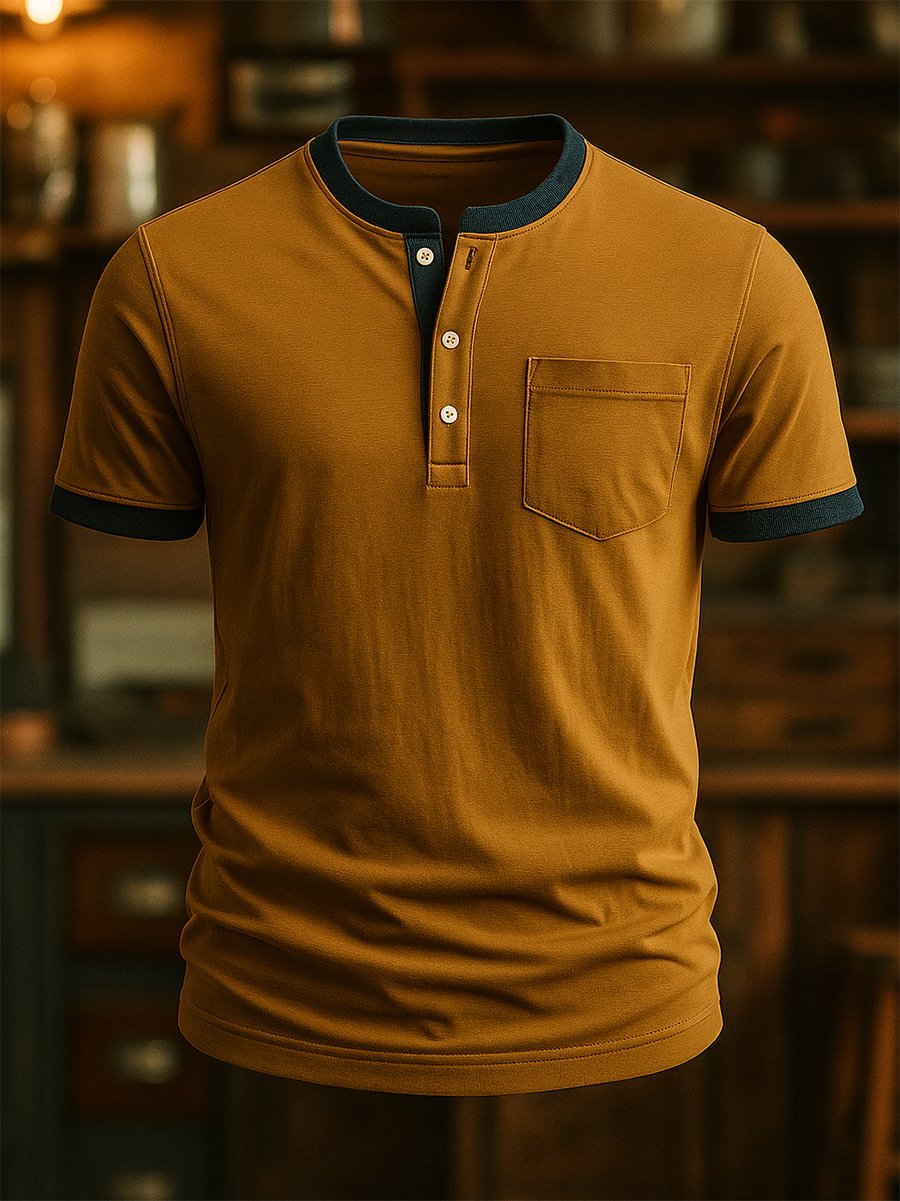 Camiseta de algodón casual de manga corta Henley Neck para hombre