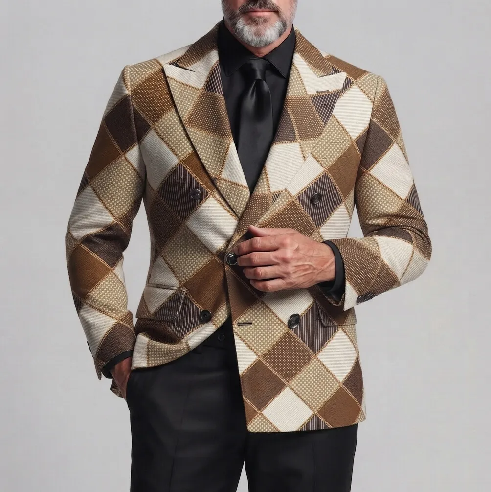 para hombre ejecutivo casual Colorblock Plaid Print Peak Lapel Double-Breasted de corte entallado saco