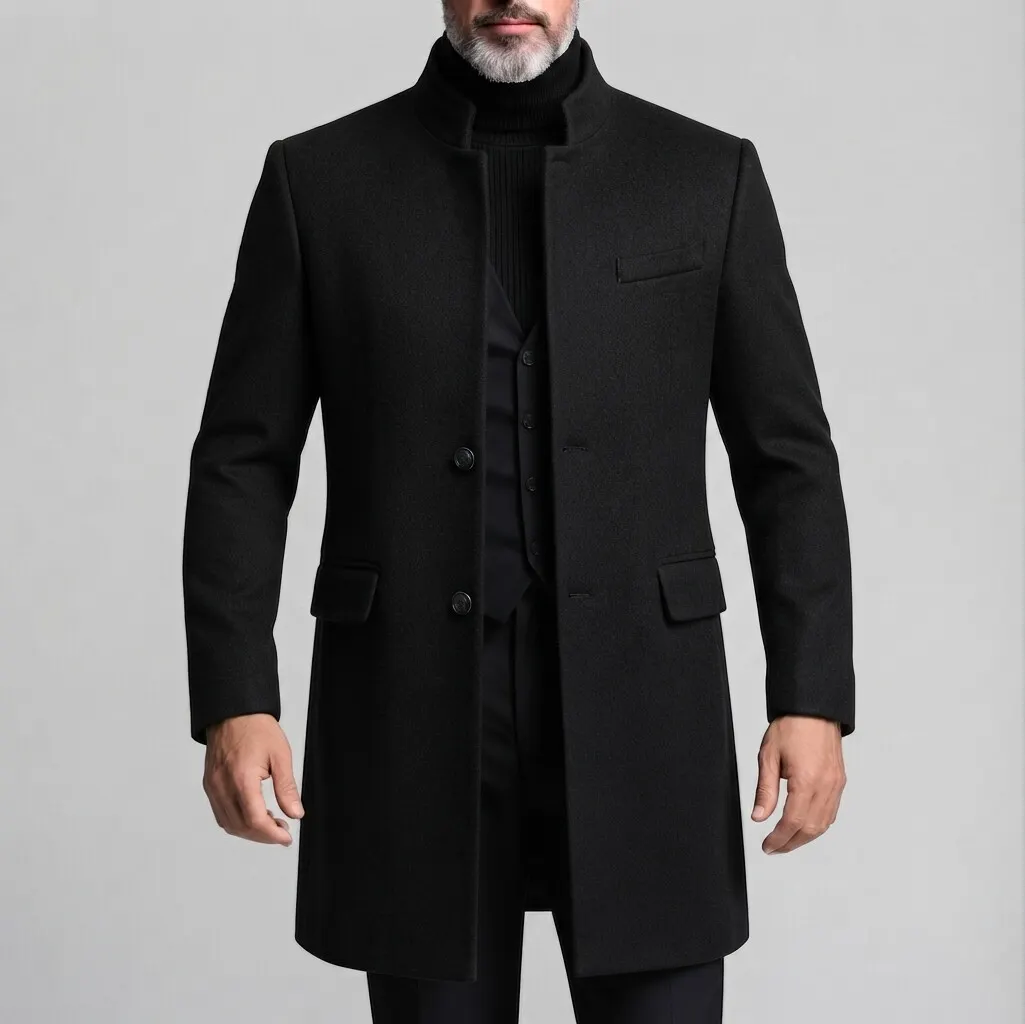 para hombre Smart casual Solid Stand Collar Single Breasted de manga larga Mid Length Woolen Coat