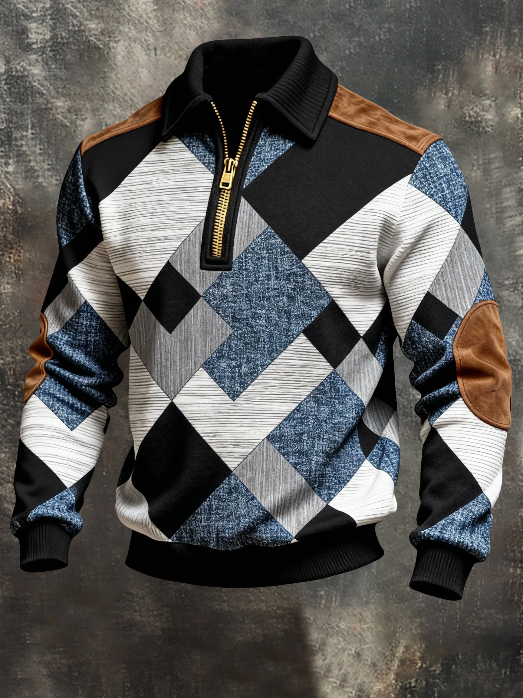 Sudadera vintage Color-Block estampado con cierre con gorrasucha para hombre