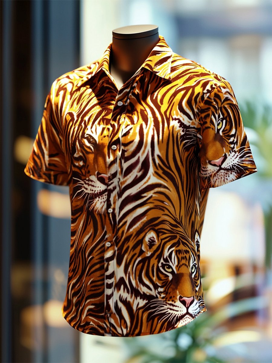 Camisa satén Luxe Tiger estampado de manga corta para hombre