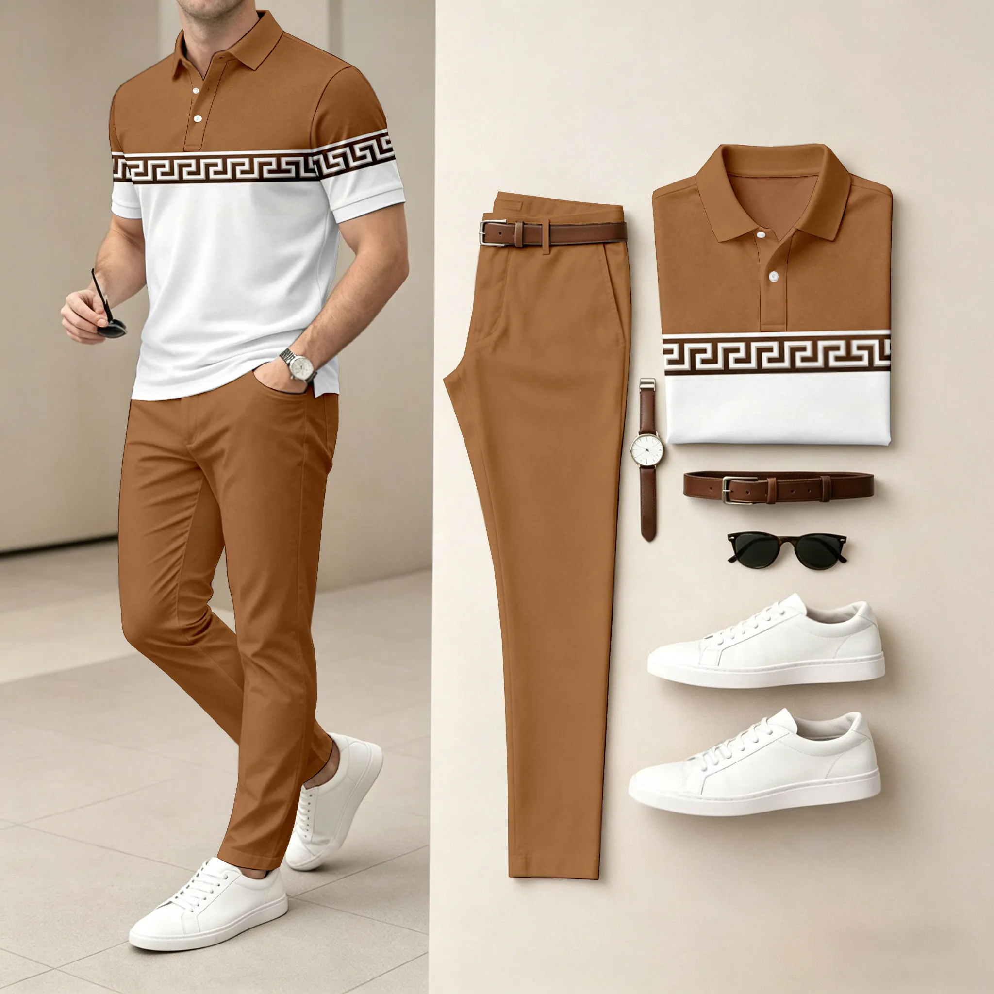 Conjunto de dos piezas Brown & White Geometry casual estampado camisa polo And pantalón para hombre