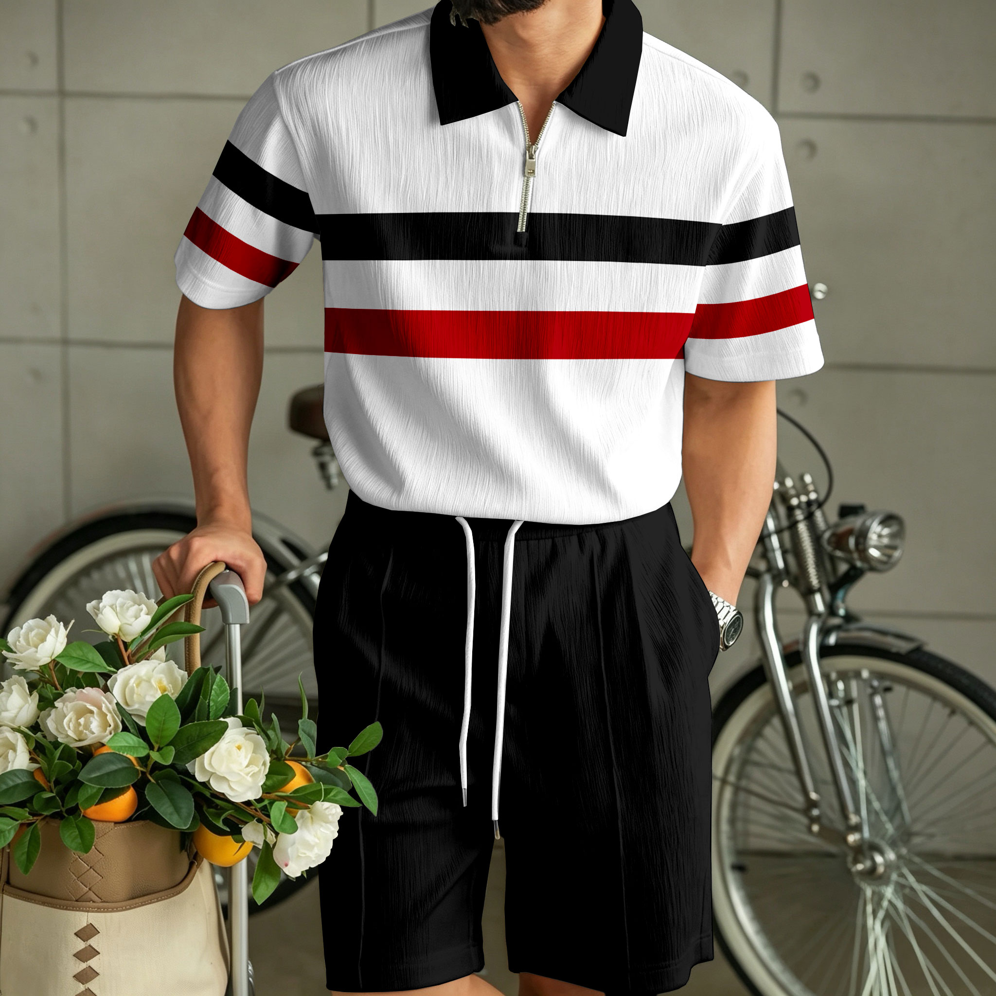 para hombre Color-Blocked Zipper camisa polo and shorts Set