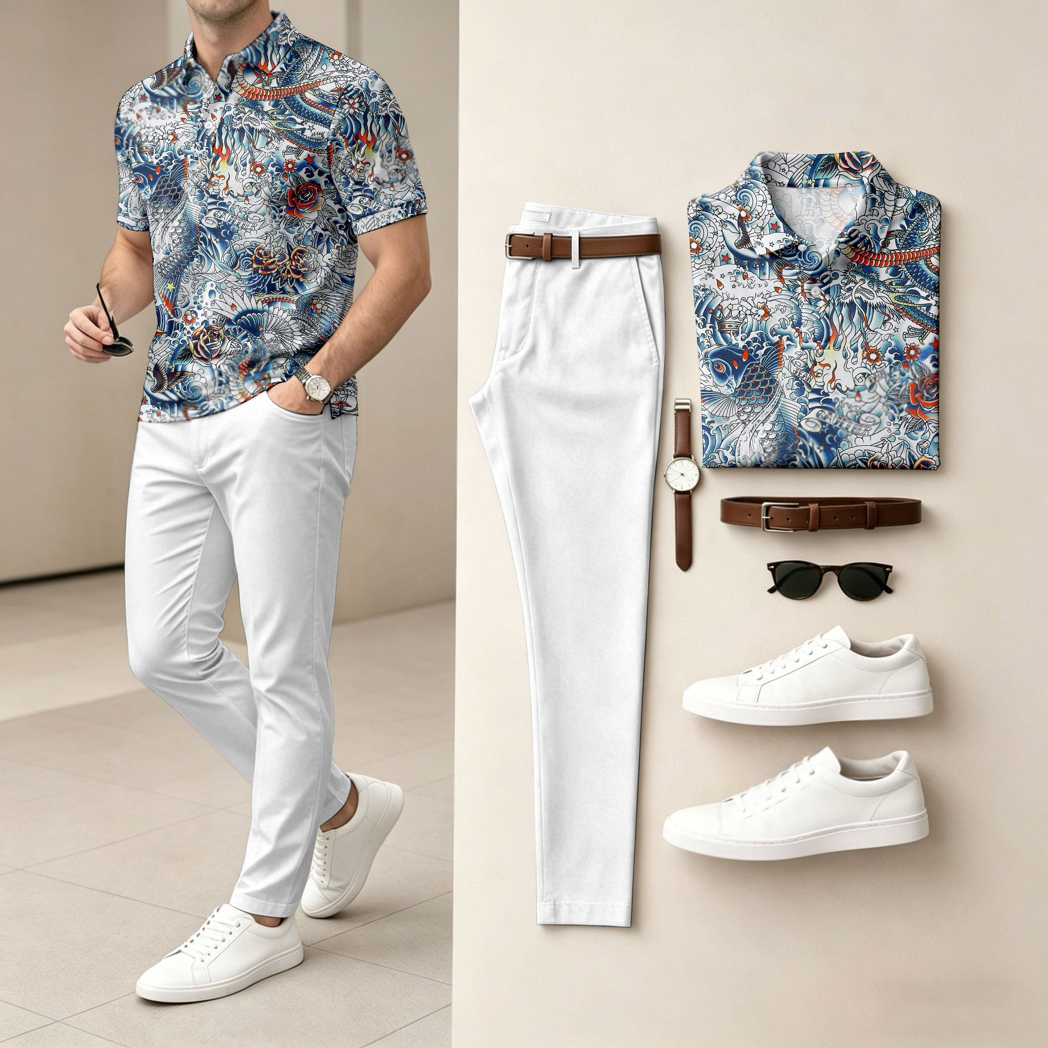 Conjunto de dos piezas casual estampado camisa polo And pantalón para hombre
