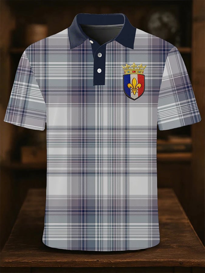 Camisa polo French check contrast solapa de manga corta para hombre