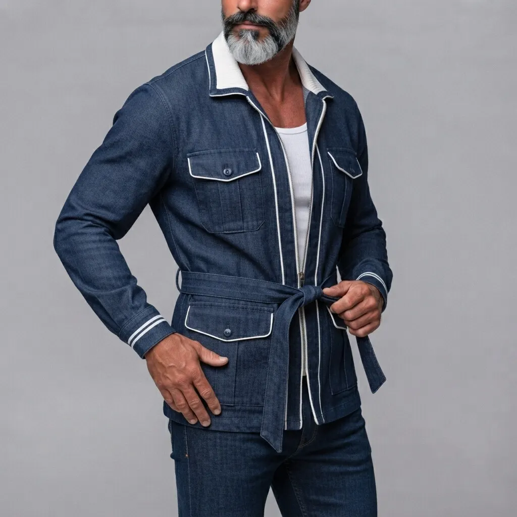 para hombre Navy Blue Denim Multi-Pockets Contrast Piping Belted con cierre Safari chaqueta