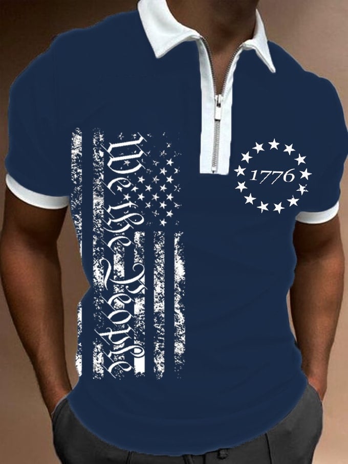 Camisa polo Independence Day 1776 Flag estampado Zip Collar para hombre