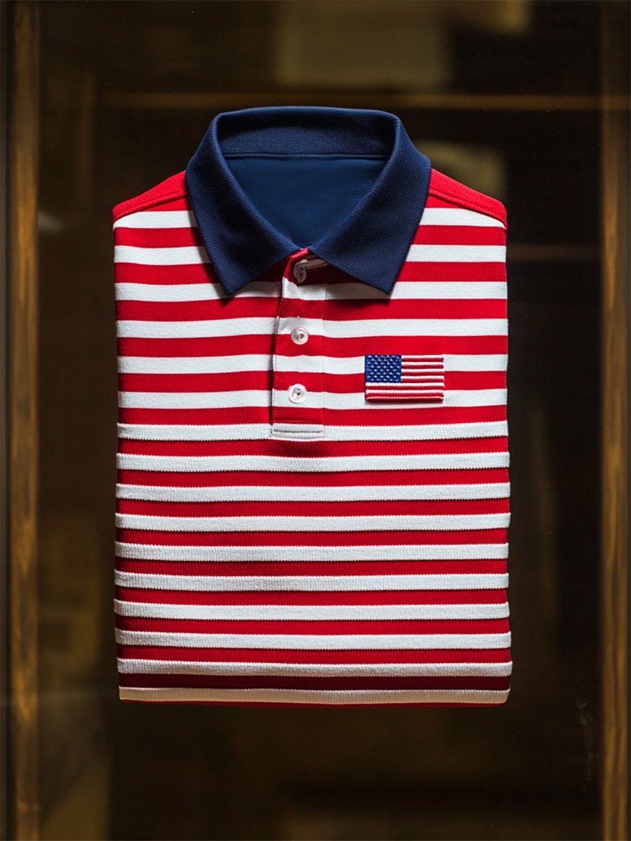 Camisa polo ejecutivo casual Independence Day a rayas Button de manga corta para hombre