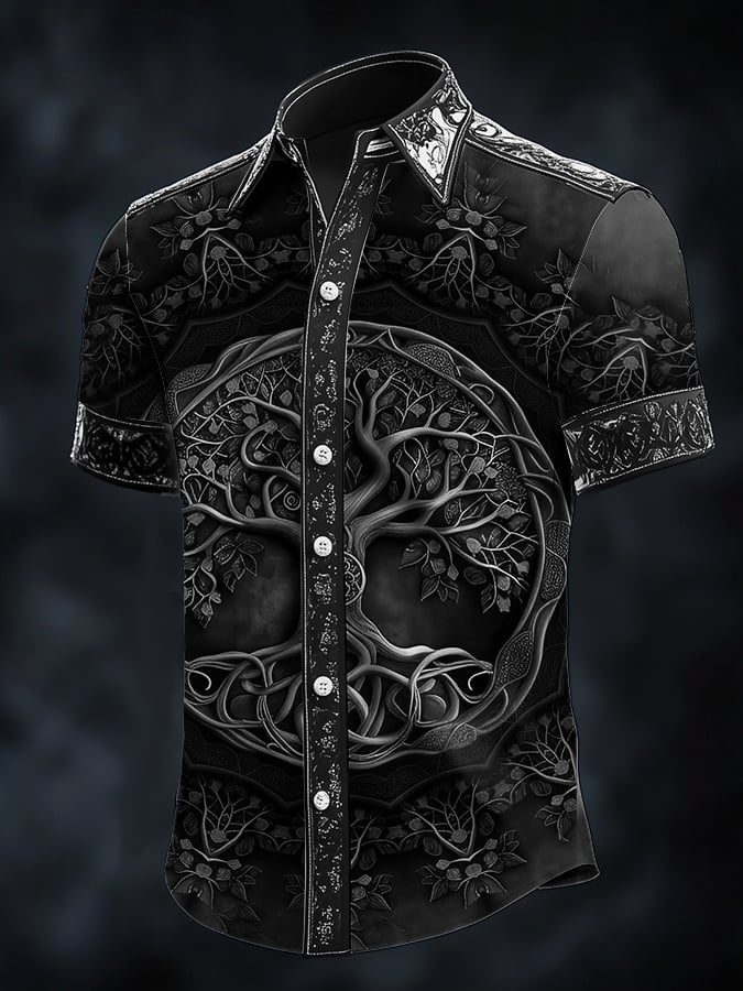 Camisa casual dark Viking tree of life estampado satén para hombre