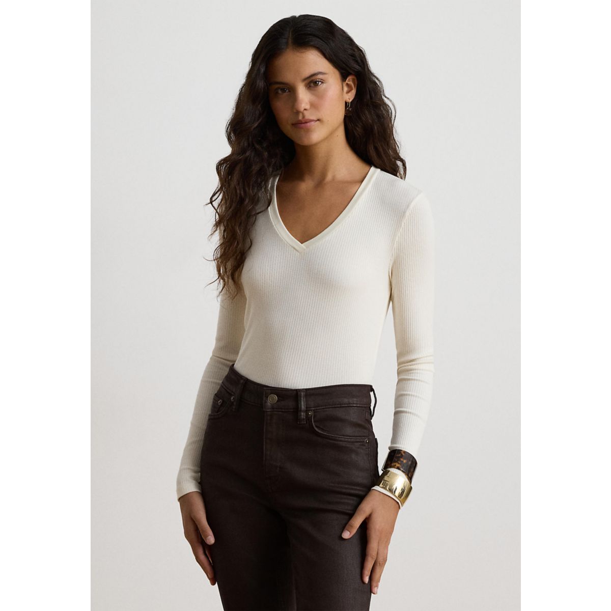Women's Rib-Knit Long-Sleeve V-Neck Top - 1