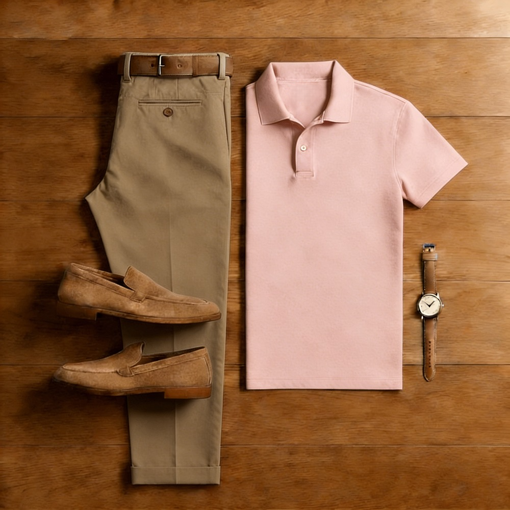 Conjunto de dos piezas casual Brown & Pink de color sólido Matching de manga corta camisa polo & Trousers para hombre