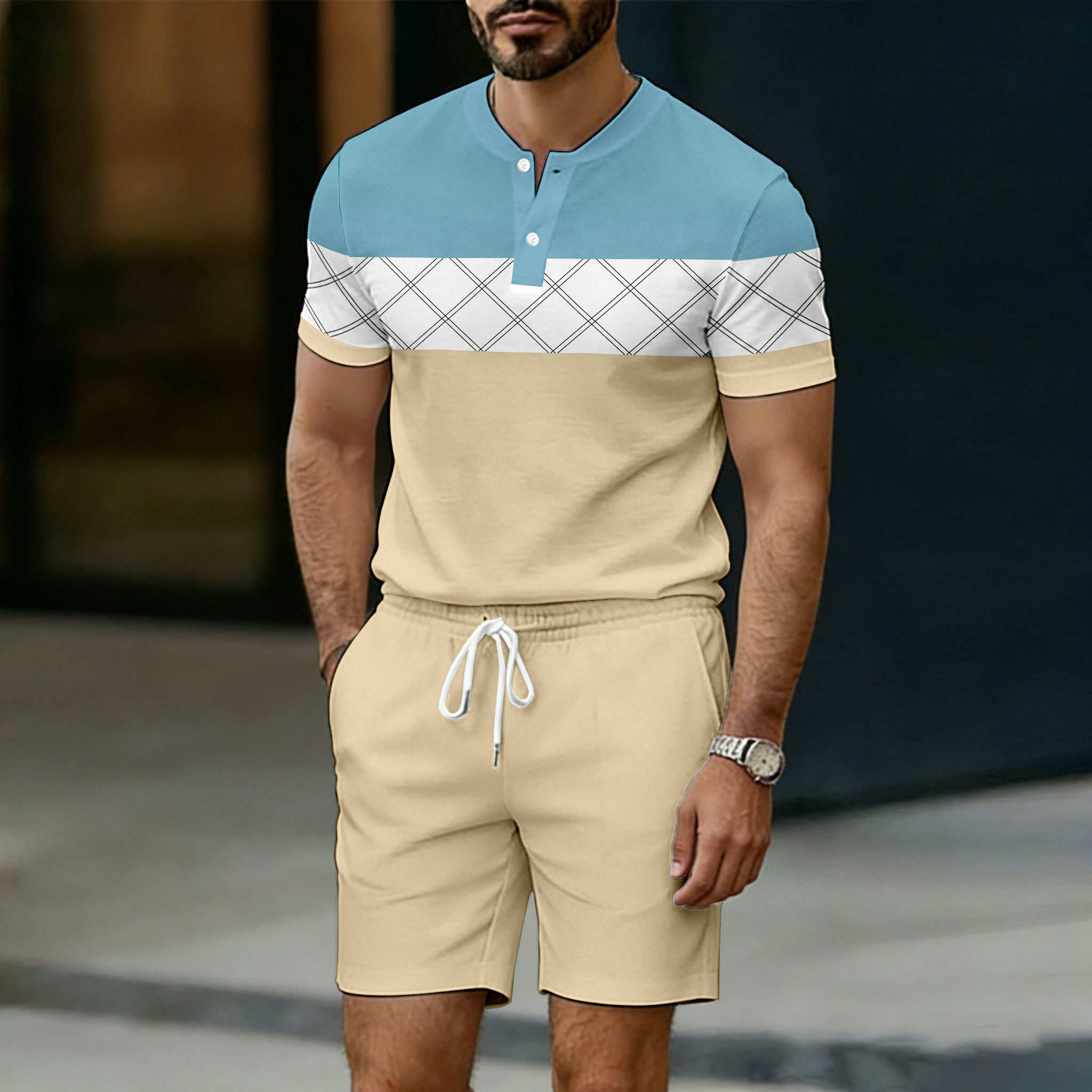 Conjunto de dos piezas casual Blue & Brown estampado Crew Neck Button-Up de manga corta camiseta And shorts para hombre