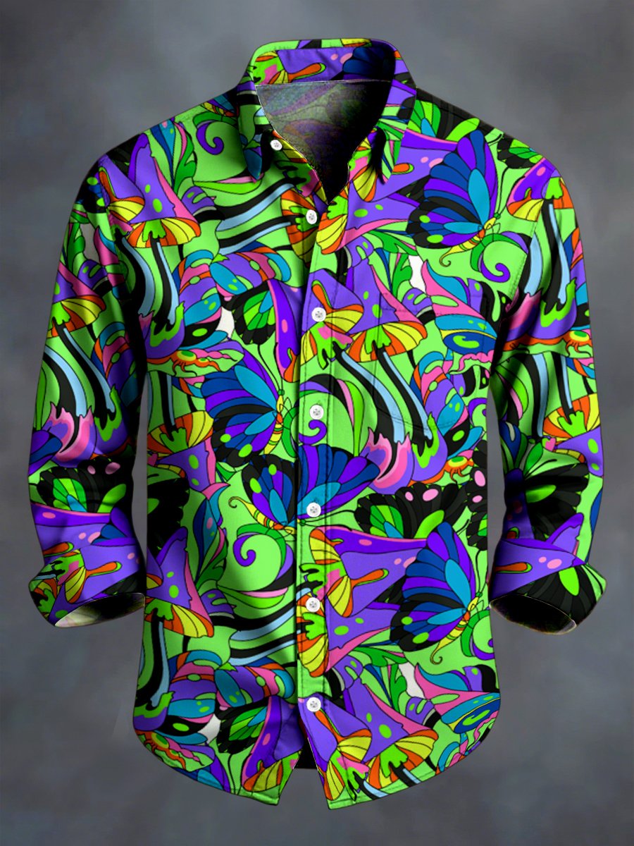 Camisa vintage Hippie Mushroom Art de manga larga para hombre