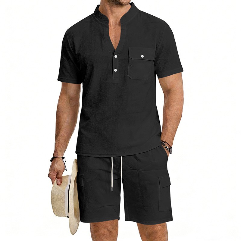 Conjunto de dos piezas European Style de lino casual Stand Collar de manga corta camisa and Cargo shorts Set, Lightweight transpirable Summer Outfit, holgado Fit Drawstring for Beach Vacation Travel Resort Streetwear Comfortable elegante Loungewear para hombre