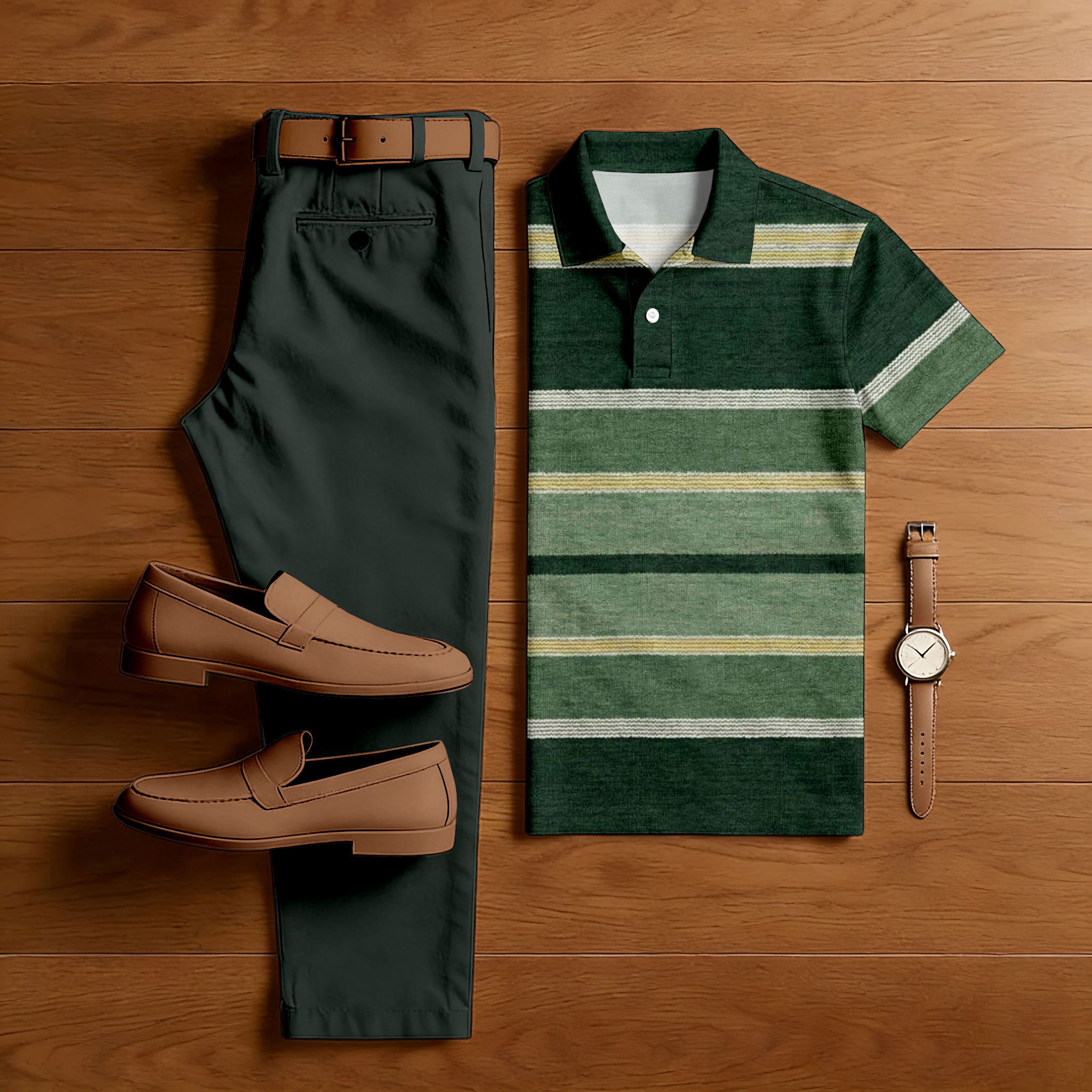 Conjunto de dos piezas casual Green Multi Color Matching a rayas estampado de manga corta camisa polo & Trousers para hombre
