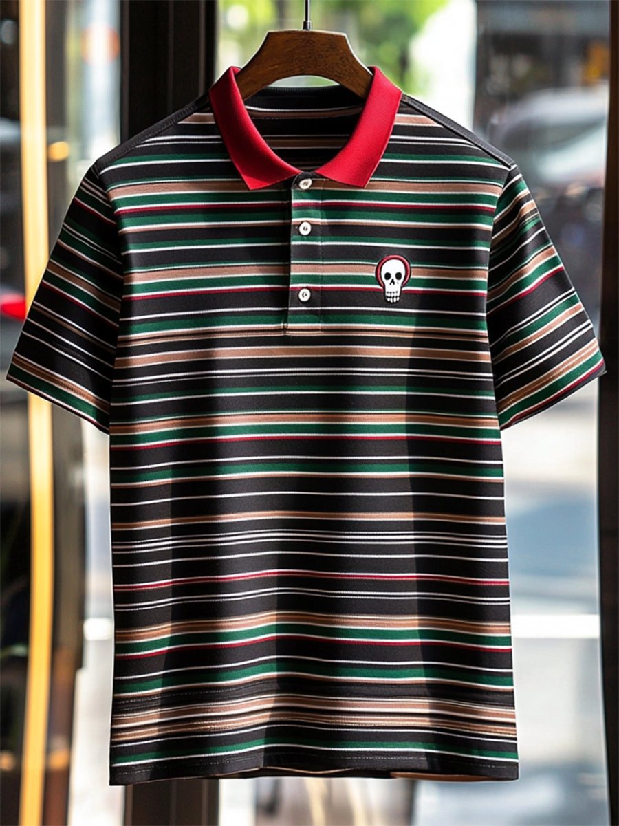 Camisa polo ejecutivo casual a rayas Skull Button de manga corta para hombre