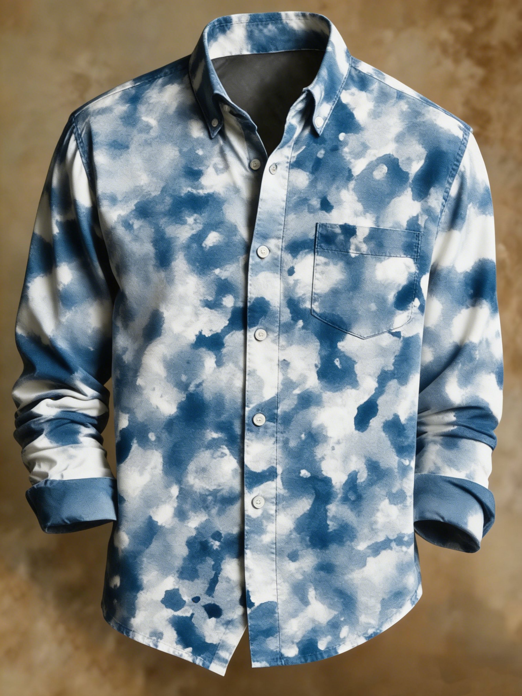 Camisa retro Blue Tie-Dye casual ejecutivo Oxford de manga larga camisa para hombre