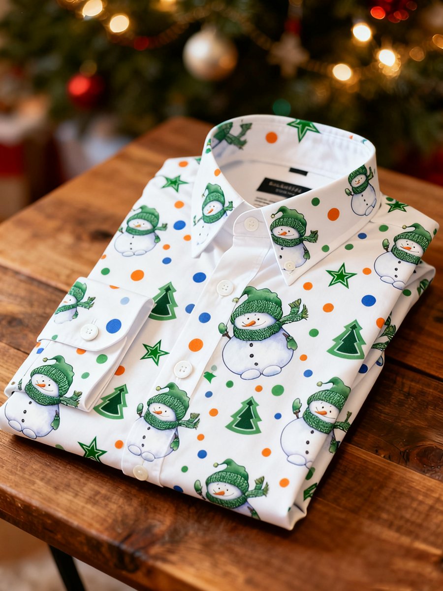 Camisa ejecutivo Christmas Snowman estampado de manga larga para hombre