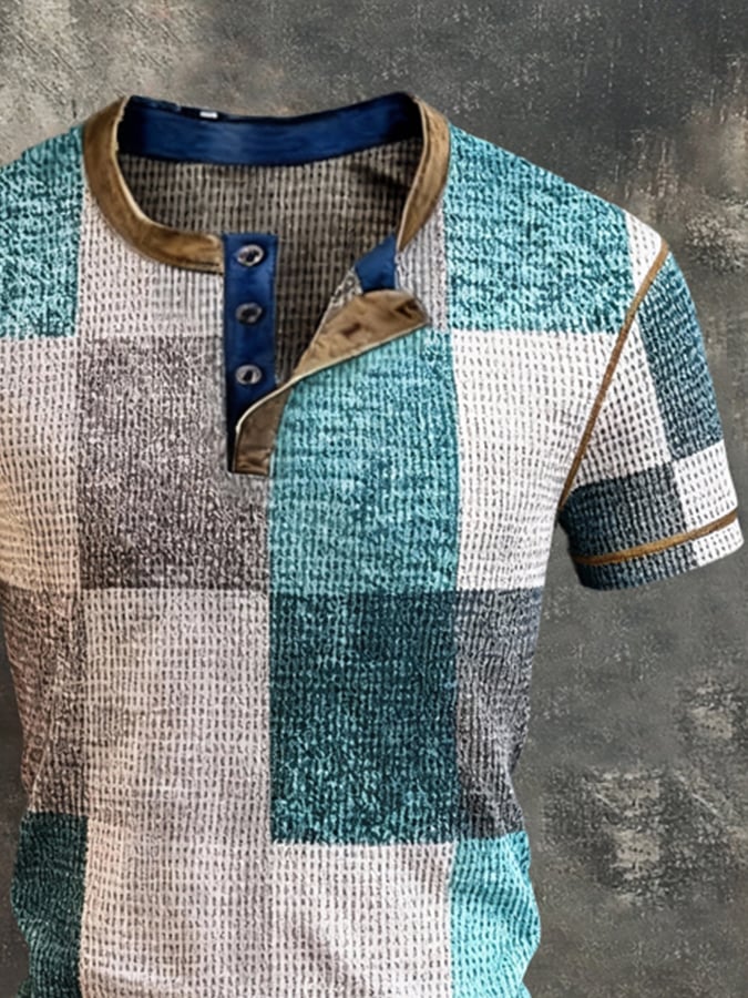 Camiseta vintage-Style Color-Block de manga corta With Henley cuello para hombre
