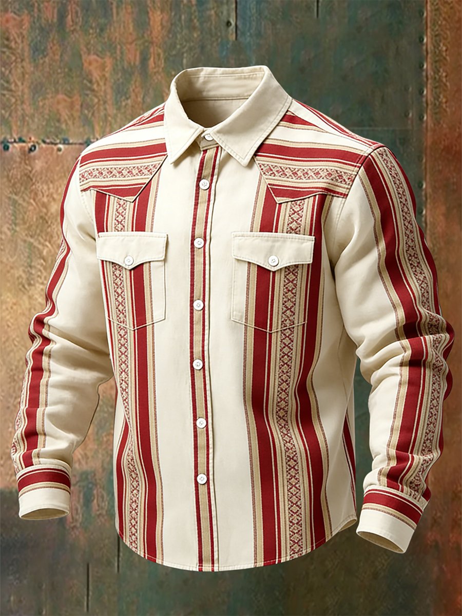 Camisa vintage a rayas Western de manga larga para hombre