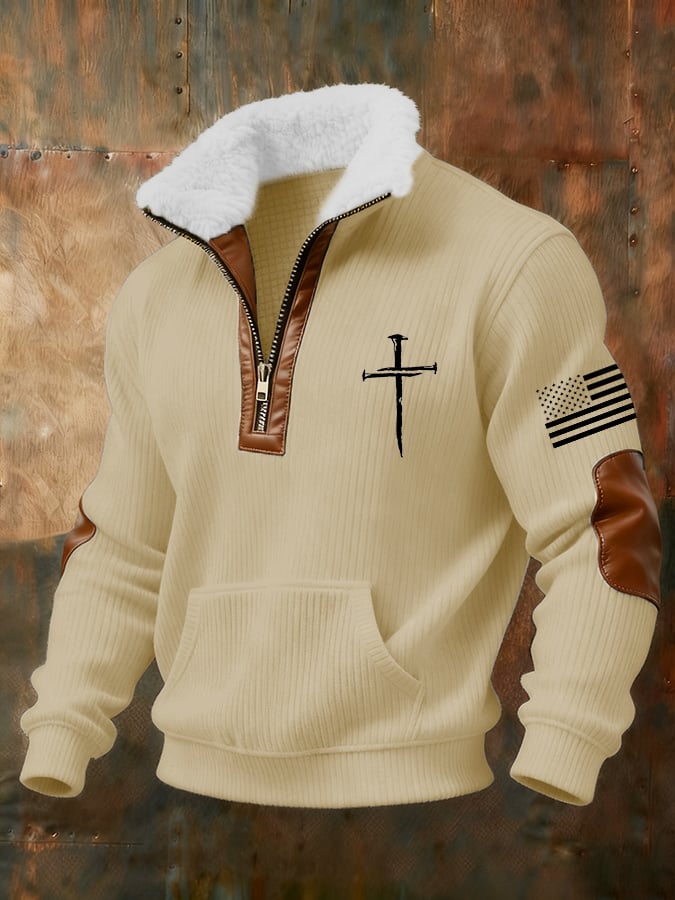 Sudadera retro Faith Cross estampado cierre Fur cuello de manga larga para hombre
