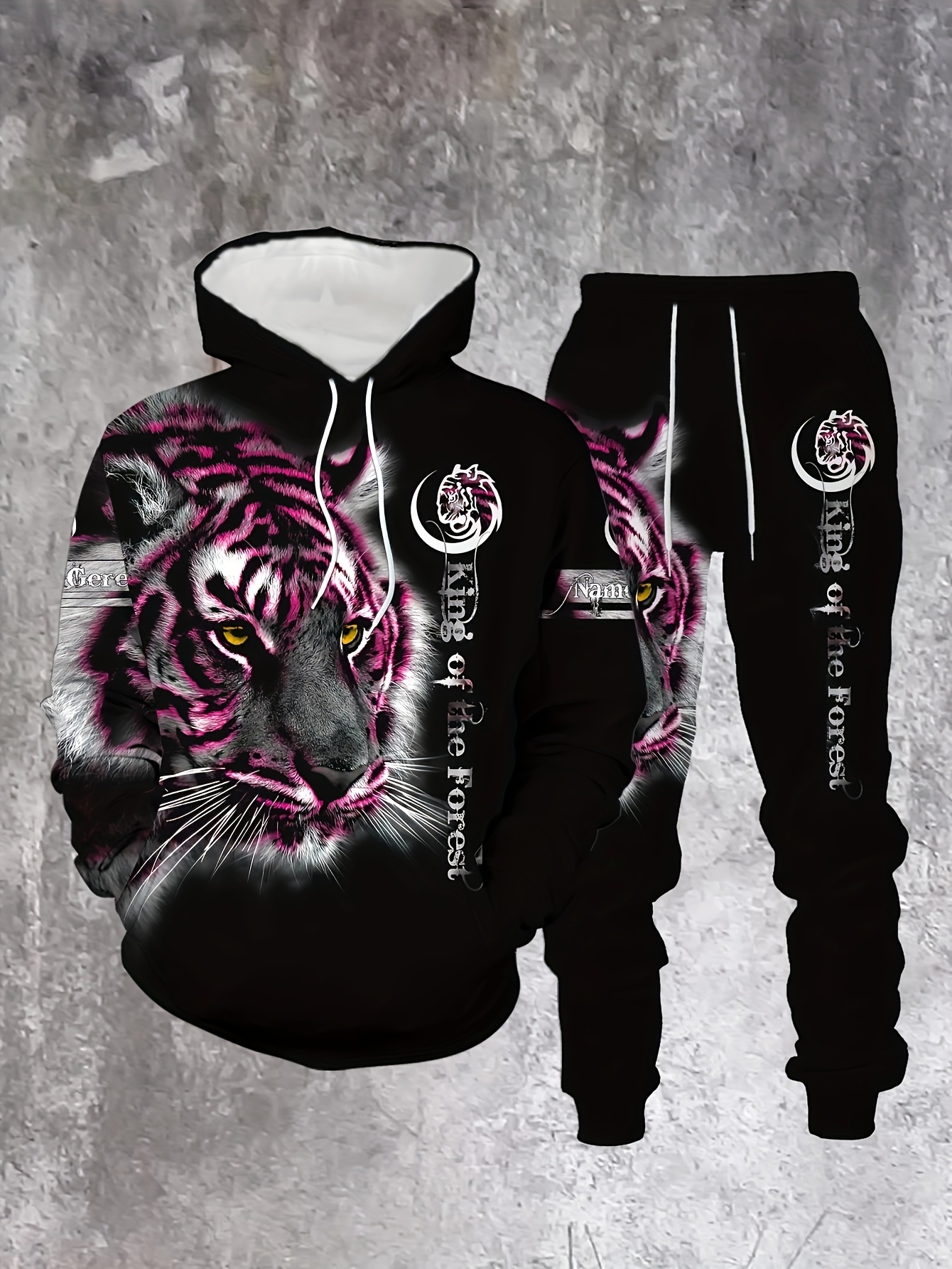 Conjunto de dos piezas casual "King Of The Forest“ estampado sudadera con capuchas de manga larga sudaderas & Sweatpantalón para hombre