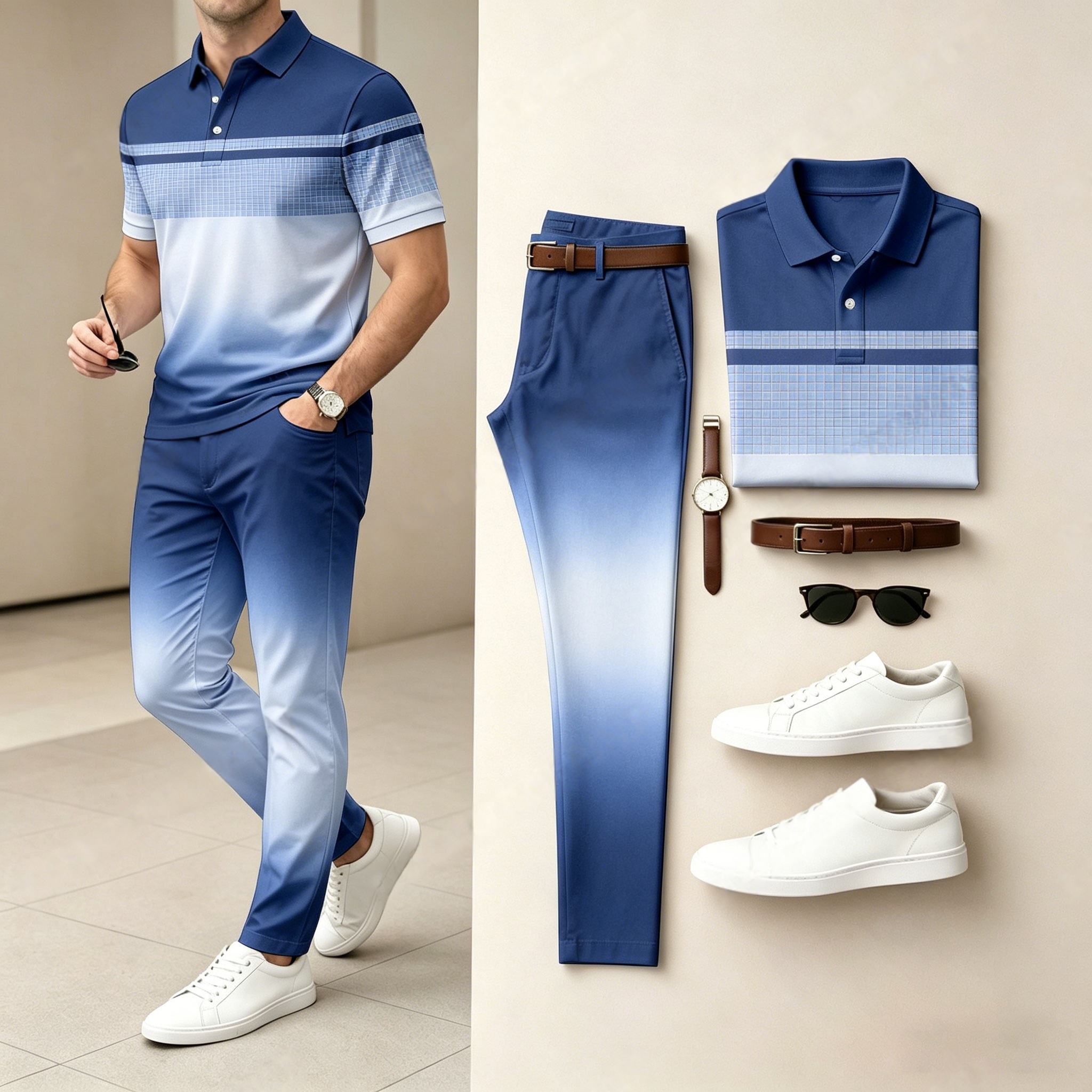 Conjunto de dos piezas casual Gradient estampado camisa polo And pantalón para hombre