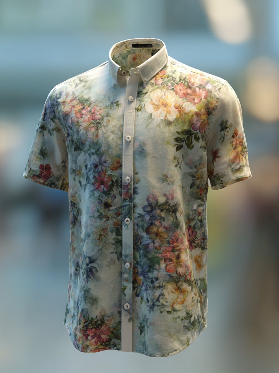 Camisa ejecutivo casual Watercolor floral solapa de manga corta para hombre
