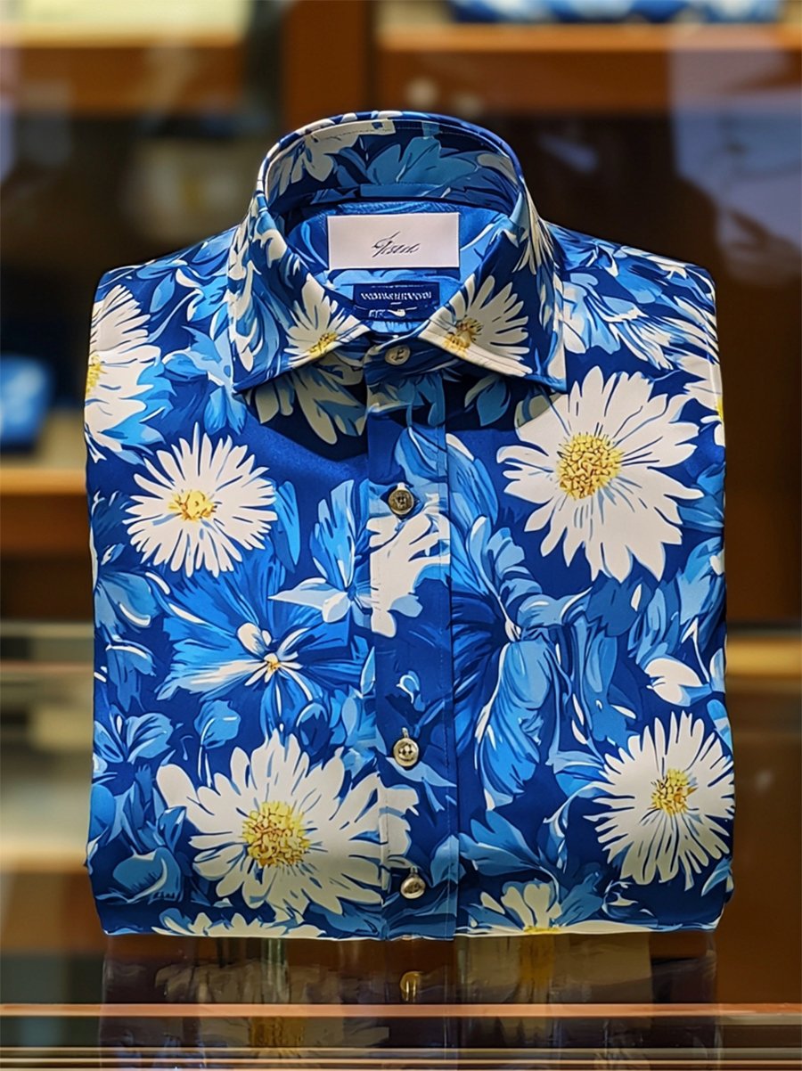 Camisa satén Luxe hawaiano estampado de manga corta Button para hombre