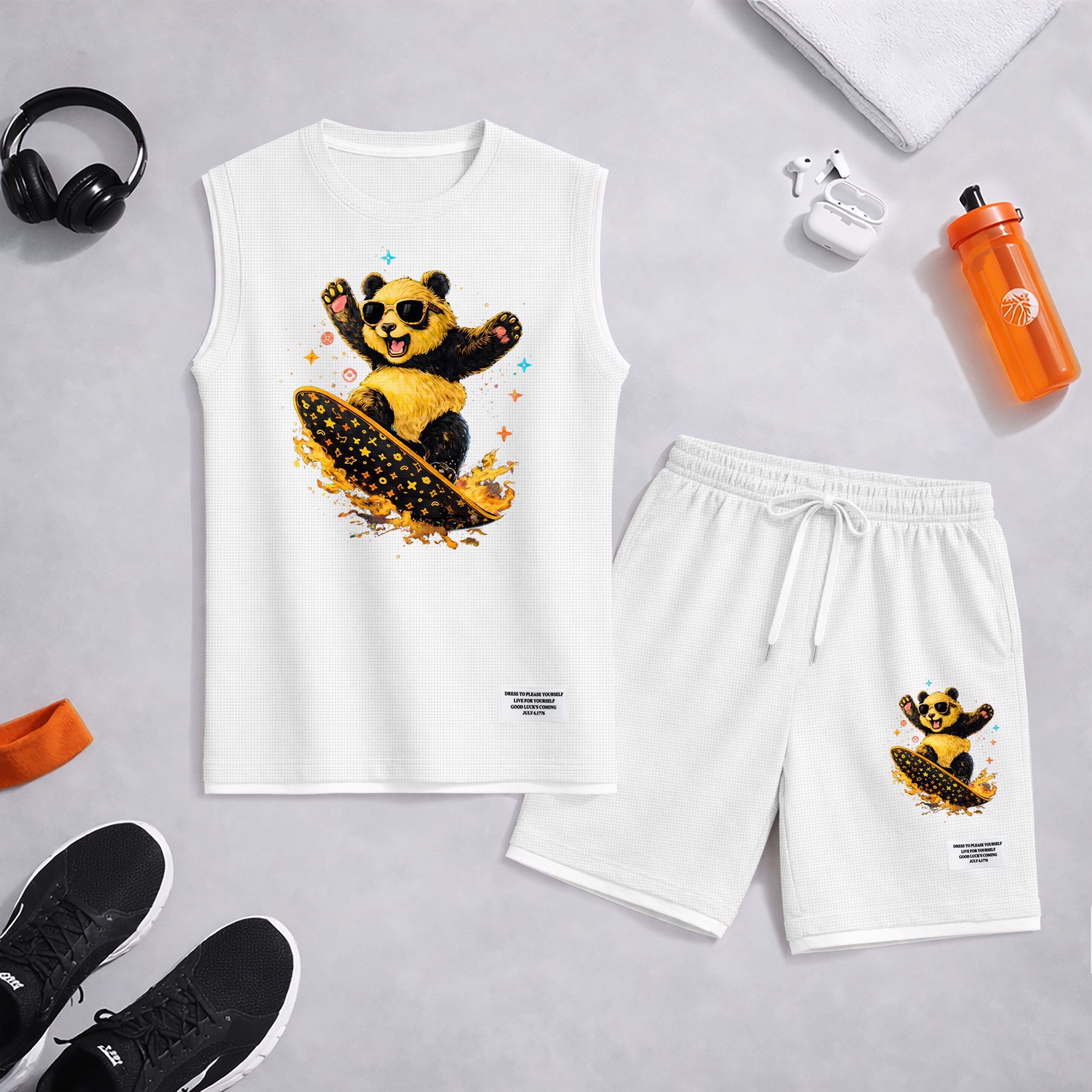 Shorts Cartoon Panda Graphic estampado Summer Set Sleeveless Tank Top & Matching Outfit, Skateboard Style Animal estampado Lightweight casual Streetwear Athletic Set for Everyday & Holiday para hombre