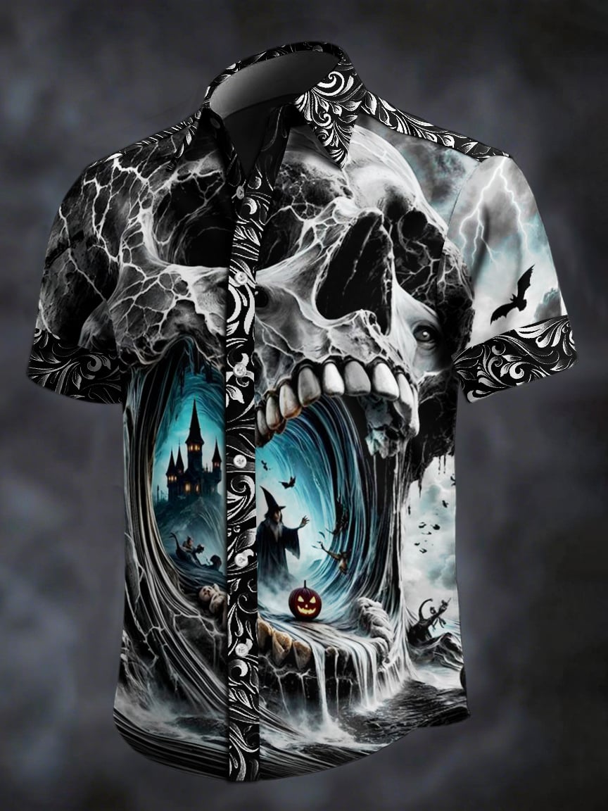 Camisa retro Skull estampado solapa de manga corta para hombre