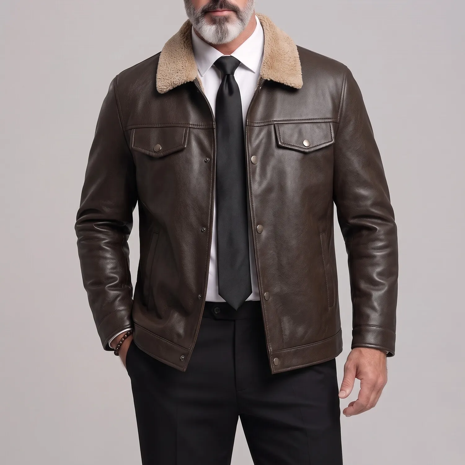 para hombre vintage Fuzzy Turndown Collar Snap Button con cierre PU Leather chaqueta