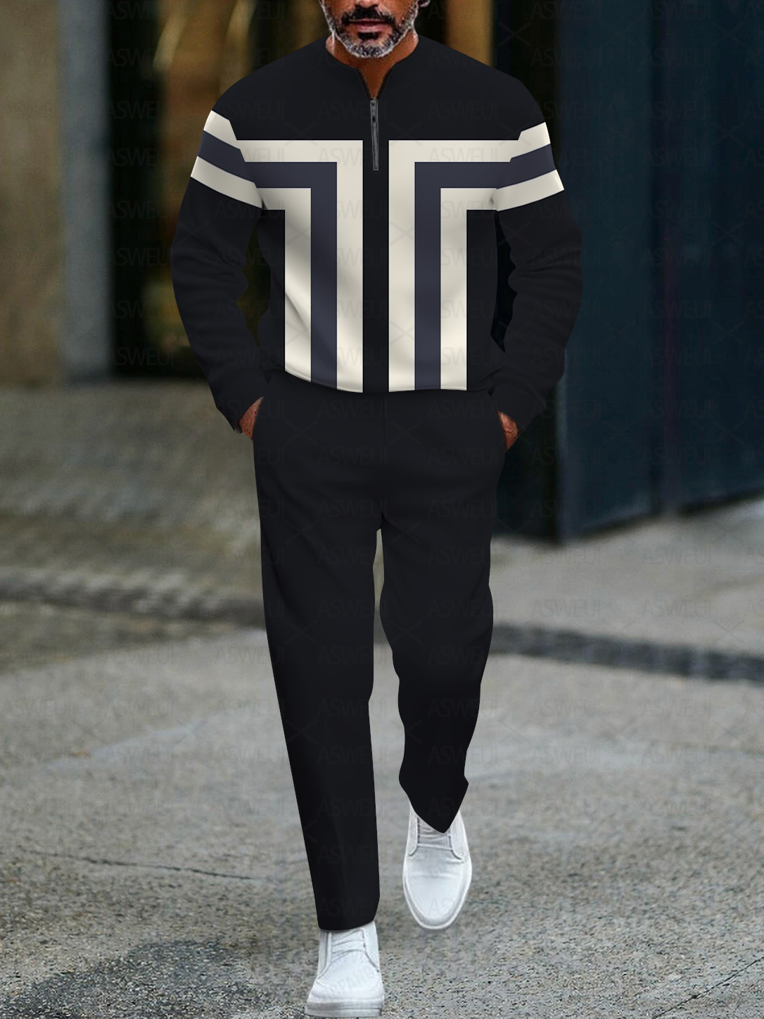 Conjunto de dos piezas de moda casual geometric estampado de manga larga zipper para hombre
