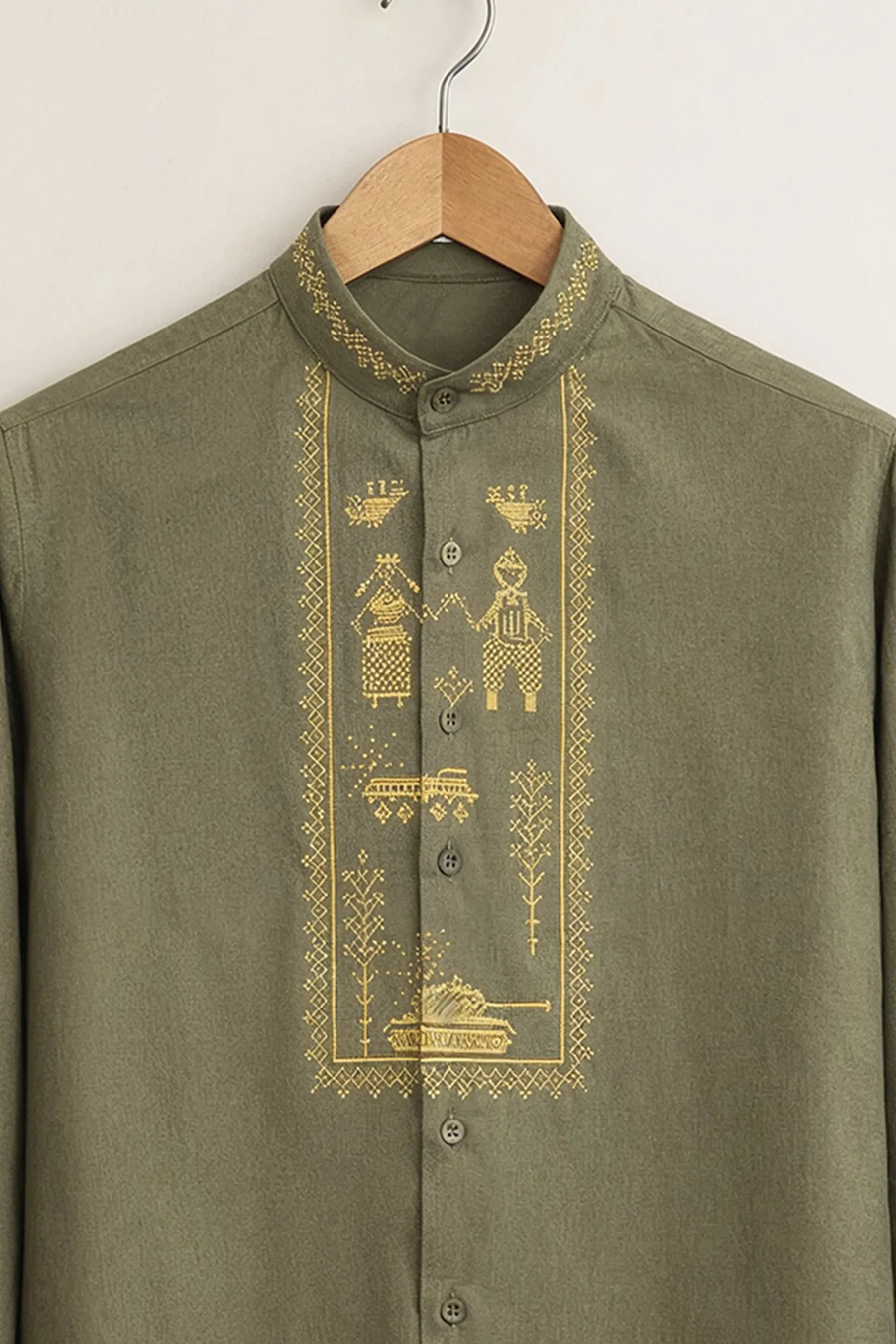 Camisa Tribal Embroidery – Olive Green