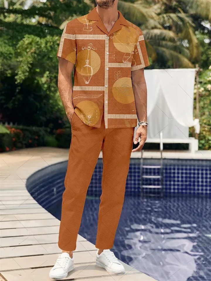 Camisa Colorblock estampado Waffle de manga corta pantalón Walking Suit 1734 para hombre