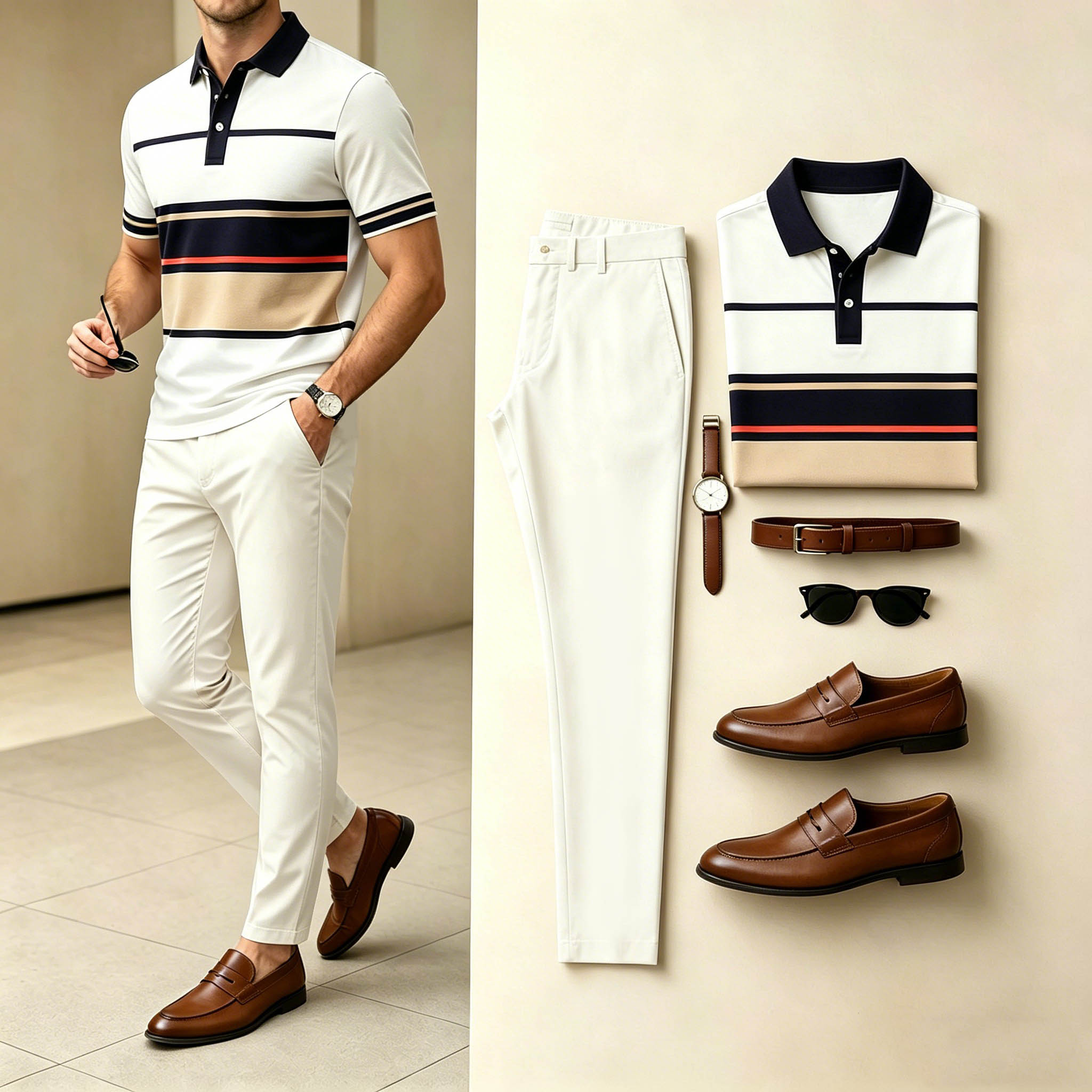 Conjunto de dos piezas ejecutivo Multi-Color Horizontal rayas en bloques de color camisa polo And pantalón para hombre