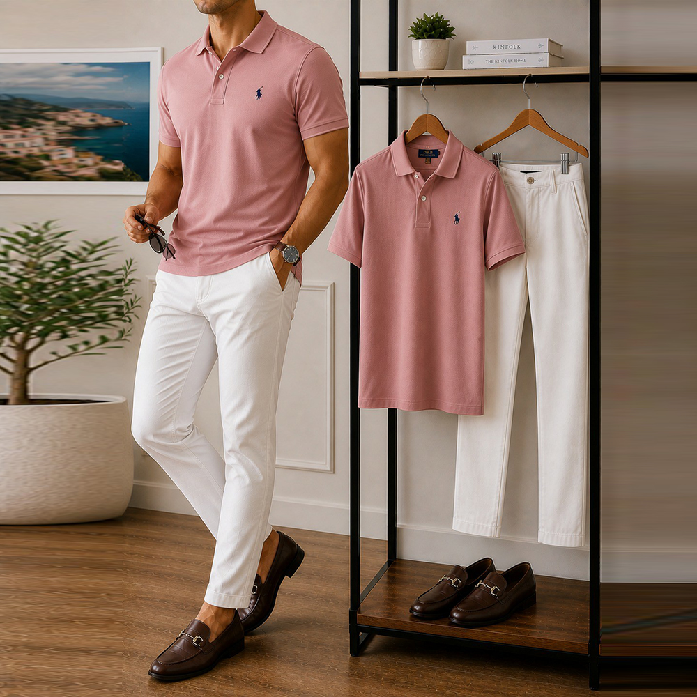 Conjunto de dos piezas casual Pink Embroidered Logo camisa polo And White pantalón para hombre