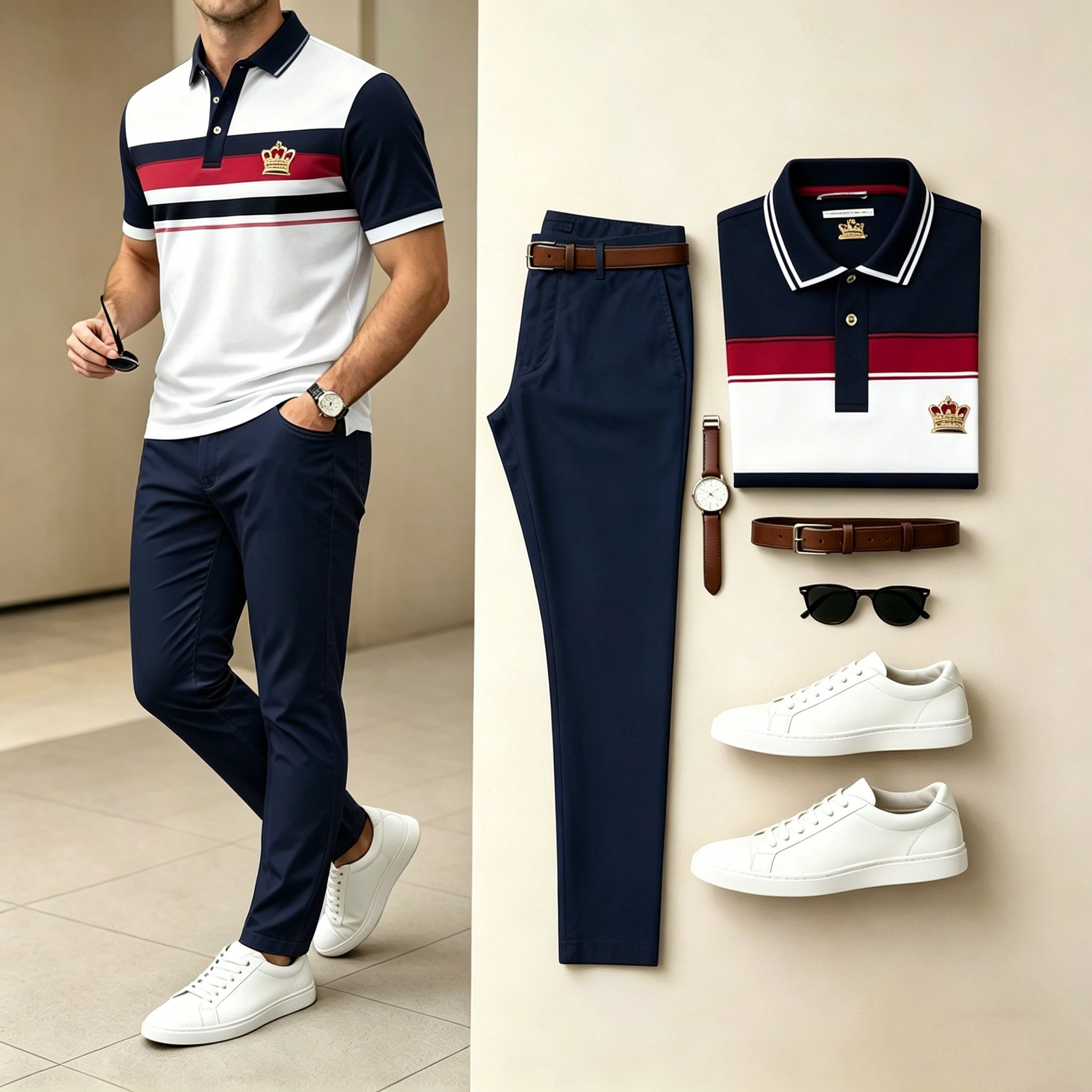 Conjunto de dos piezas casual Crown Embroidered rayas camisa polo & Long pantalón para hombre