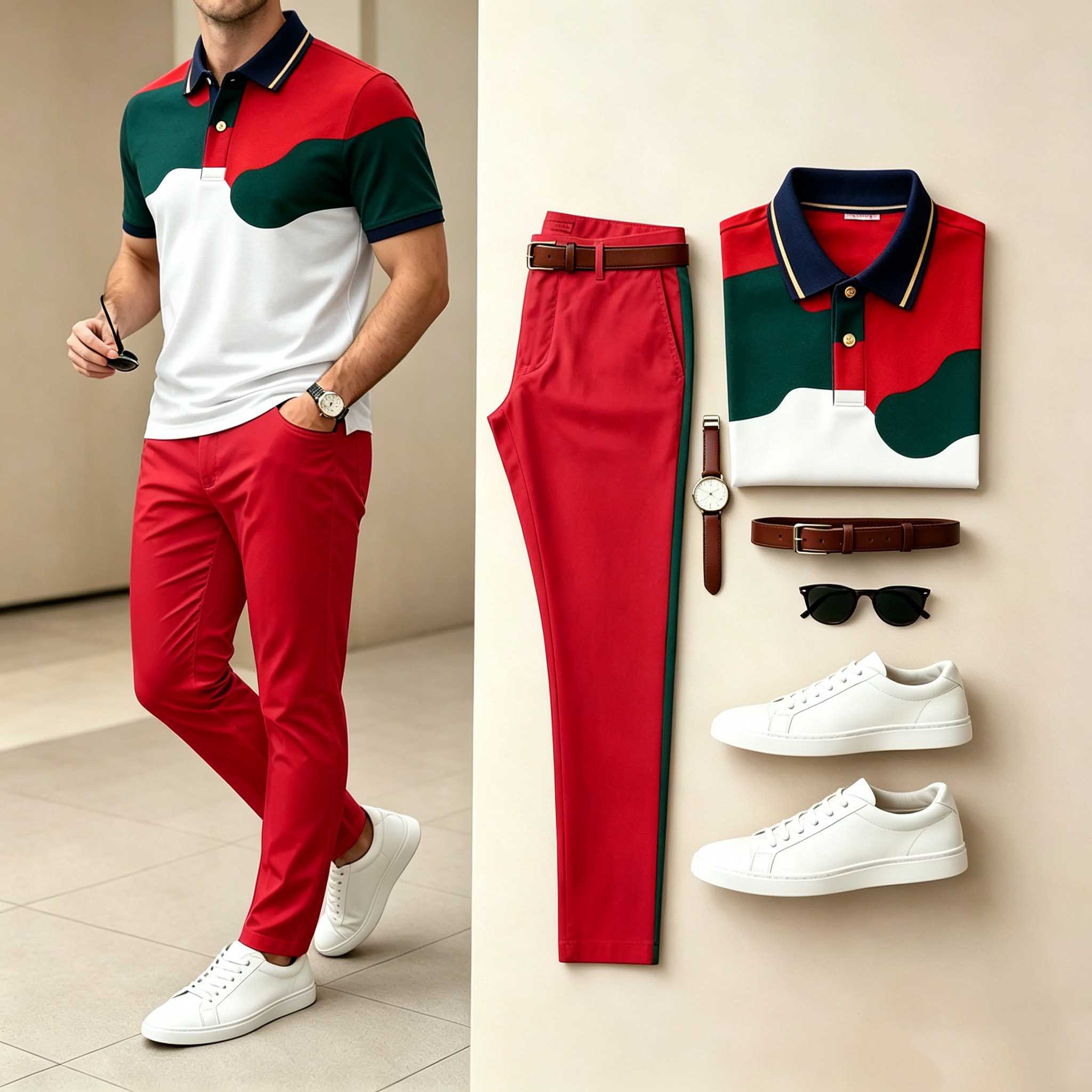 Conjunto de dos piezas casual Red Green en bloques de color estampado camisa polo & pantalón para hombre