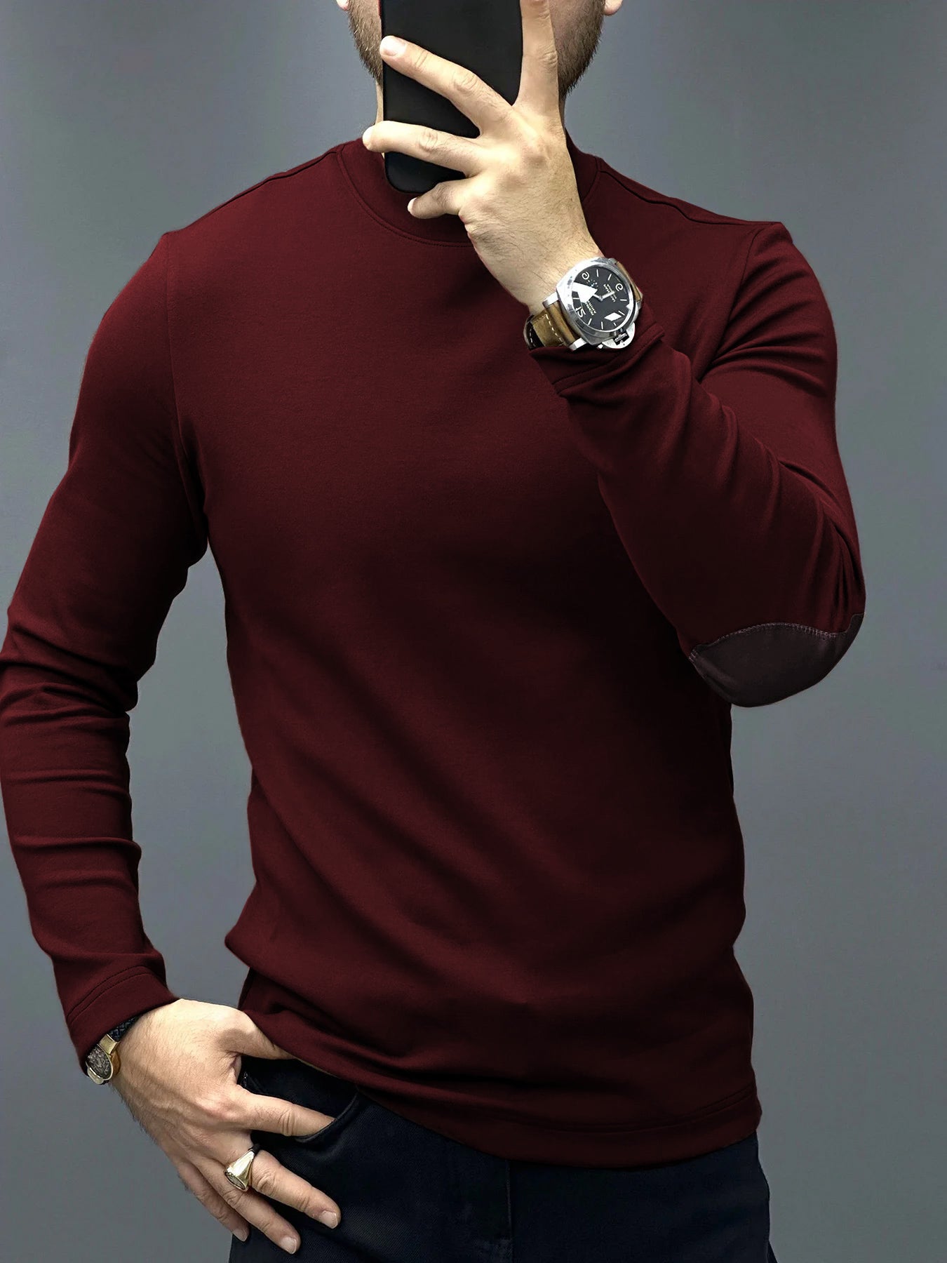 Modal Blend Elbow Patch de manga larga Tee:de corte entallado