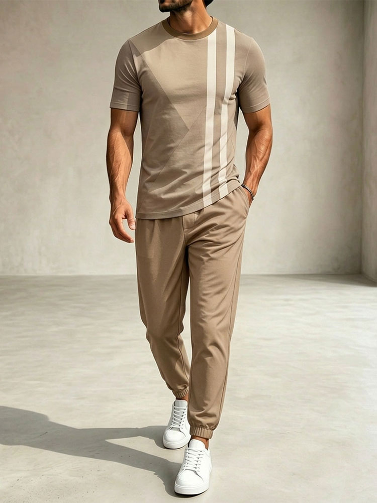 Conjunto de dos piezas casual Khaki Color Matching estampado Round Neck camiseta & pantalón para hombre
