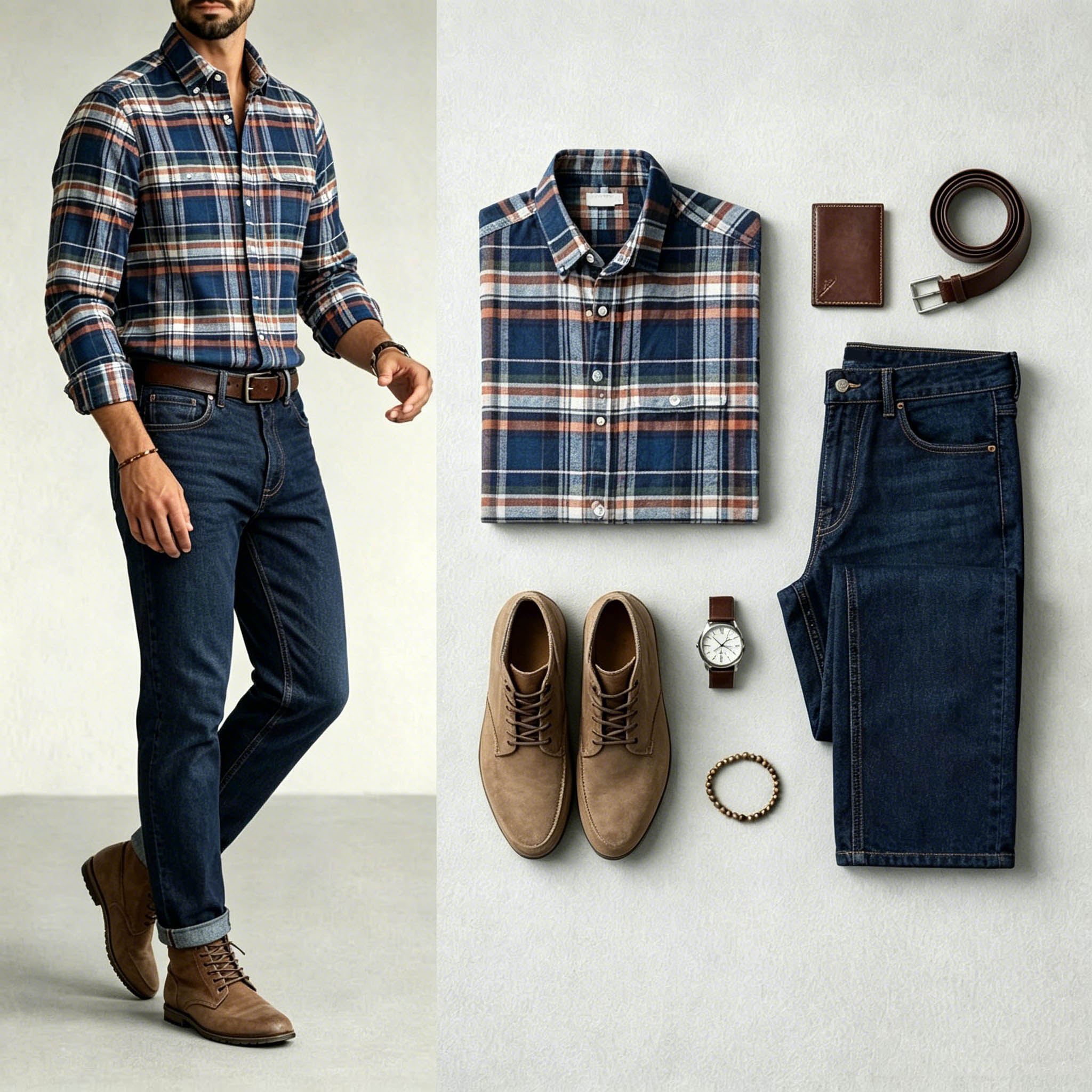 Conjunto de dos piezas Multi Royal Blue Color Matching retro a cuadros estampado Lapel Collar camisa & Jeans para hombre