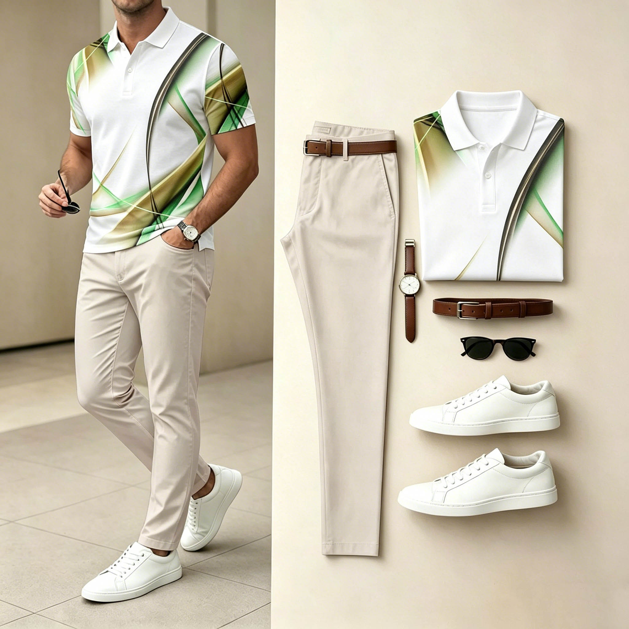 Conjunto de dos piezas casual Green Gradient Curve estampado camisa polo & Khaki pantalón para hombre