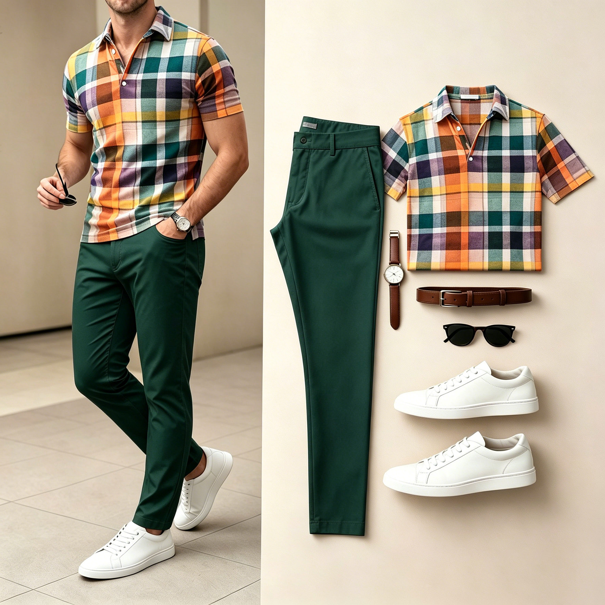 Conjunto de dos piezas Multi Green Color Matching a cuadros estampado de manga cortas camisa polo & pantalón para hombre