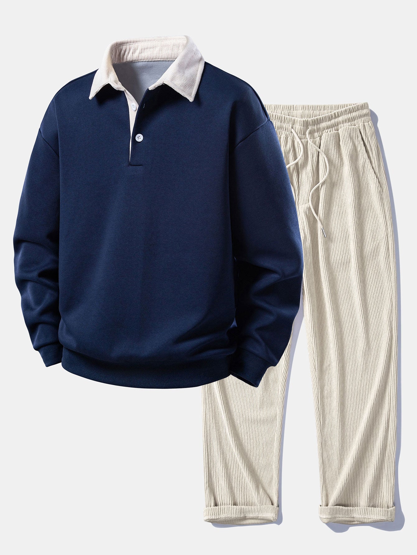 Sudadera Relax Fit Contrast Corduroy Polo Collar & Straight Leg Corduroy pantalón