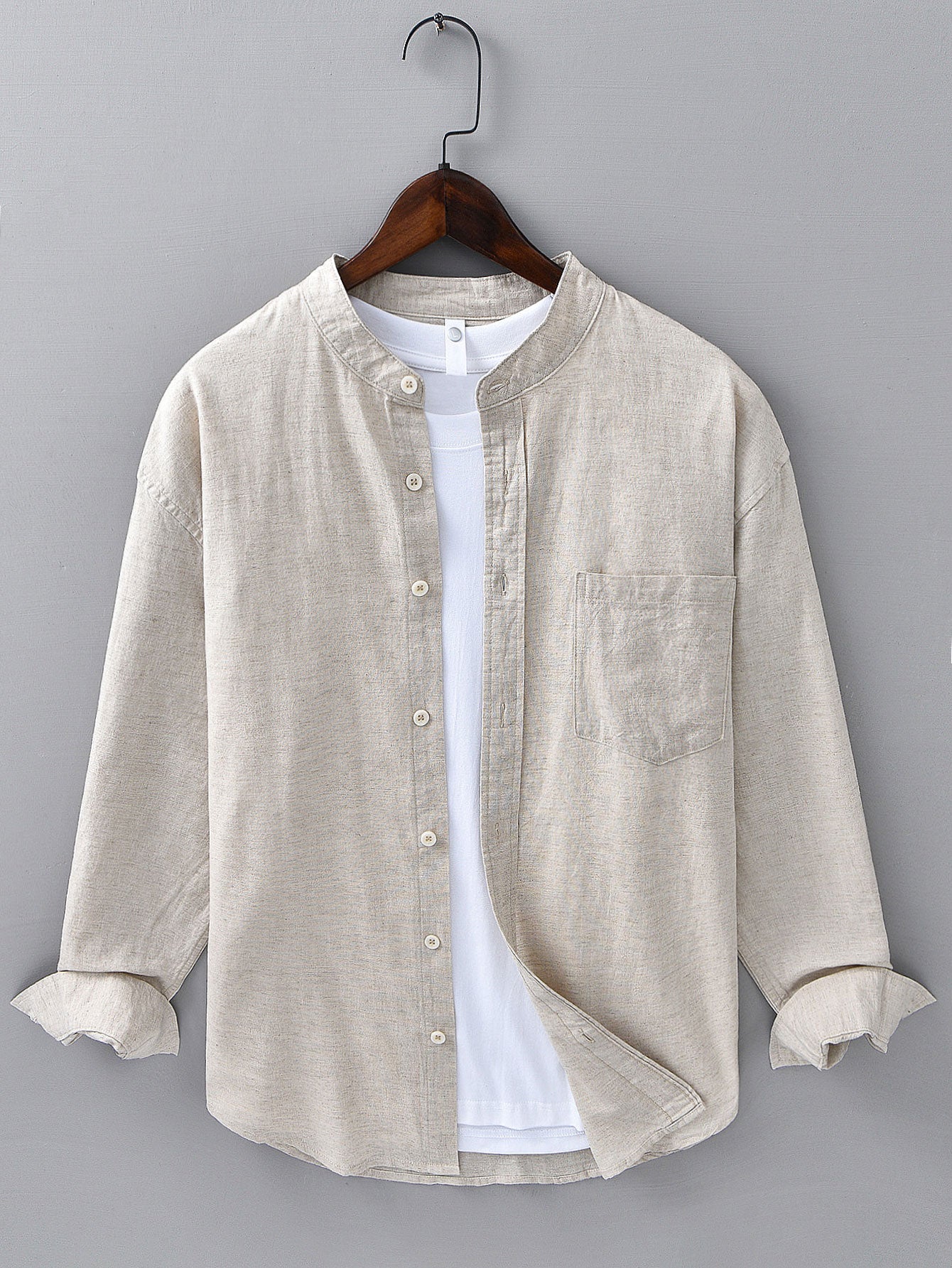 Camisa de manga larga de lino de algodón Stand Collar With Pocket
