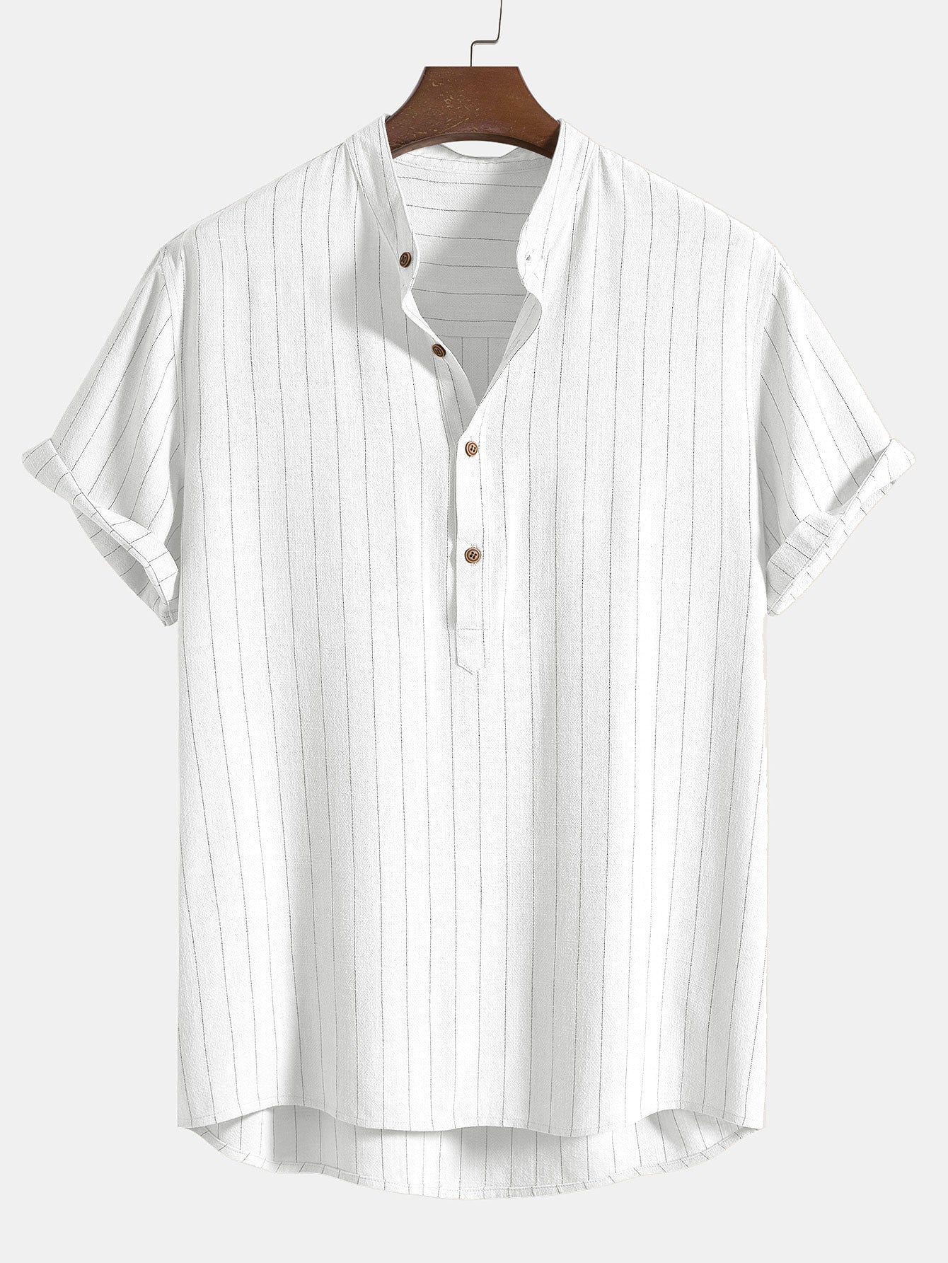 Camisa de lino Blend a rayas Half Open Placket Henley Collar