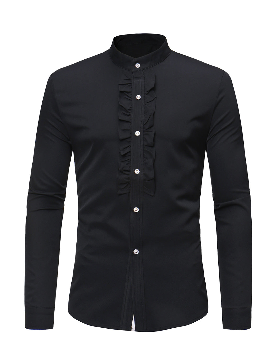 Camisa de vestir Stand Collar Lace de color sólido de manga larga Tuxedo para hombre
